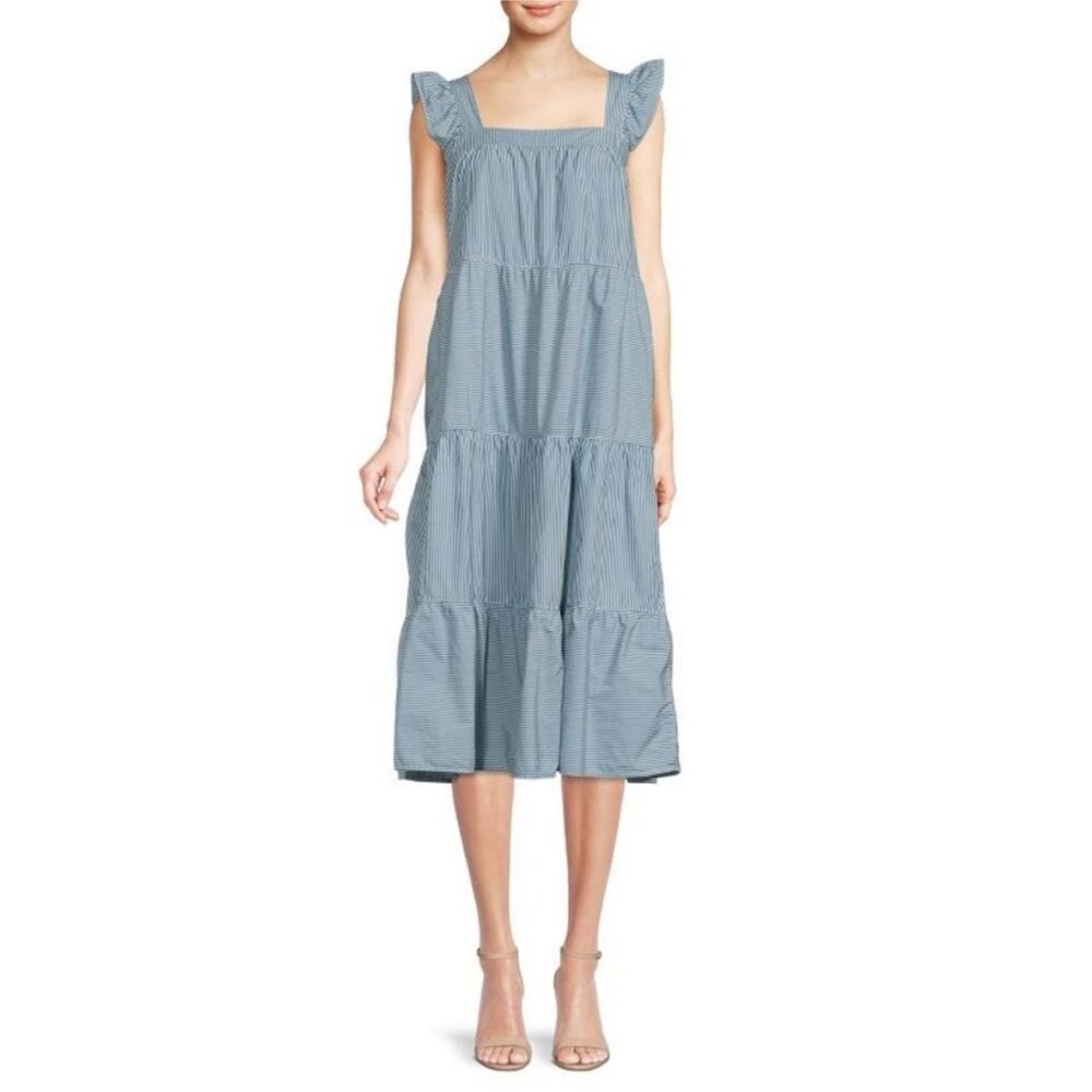 Nation LTD Los Angeles Camille Blue Striped Sundress M Flutter Sleeve Midi Dress - Picture 4 of 14